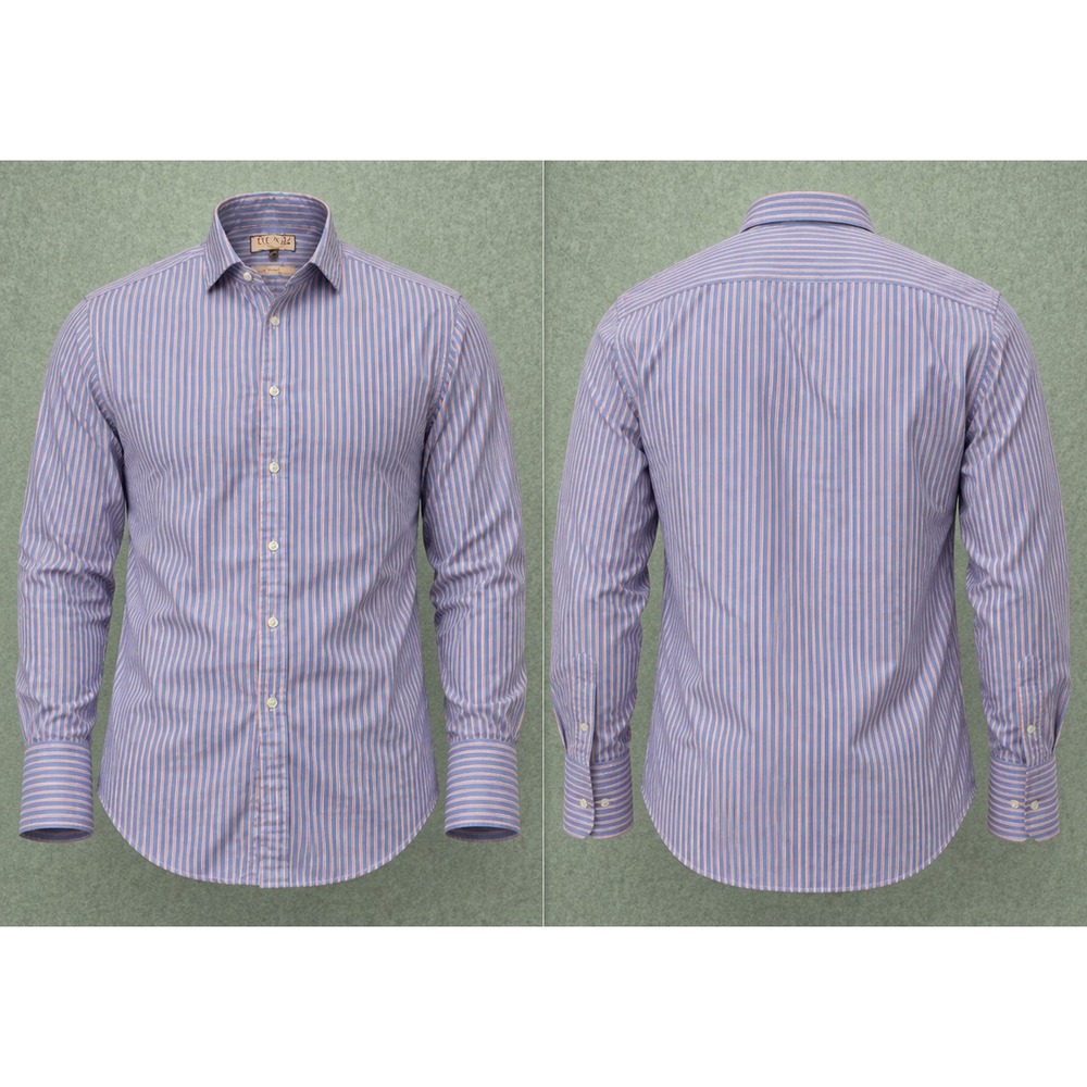 Thomas Pink Dress Shirt Mens 18.5 37.5 Pink Blue Striped Long Sleeve French Cuff